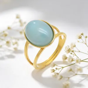 Vintage stainless steel ring with oval light blue stone and minimalist gold double band.