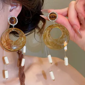 Elegant vintage Maillard resin hoop dangle earrings with rhinestones and white beads