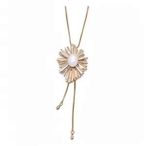 18K Vergold Koperen Zonnestraal Hanger Ketting Met Kunstparel Verstelbare Bolo Sleutelbeenketting Franse Retro Sieraden Dames