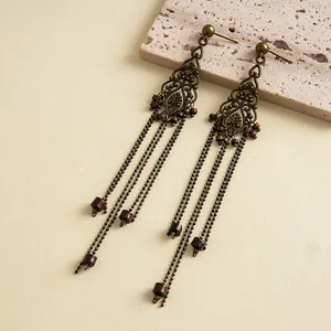 Gedetailleerd overzicht van vintage bronzen oorbellen met opengewerkt patroon en kwastjes