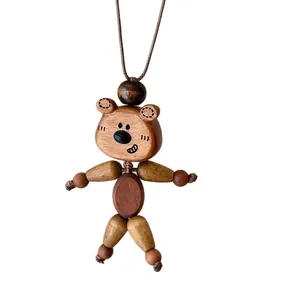 Mignon collier pendentif ours en bois fait main avec cordon en cuir marron réglable