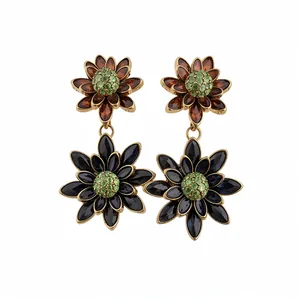 Vintage Court Style Zweischichtige Blume Anhänger Ohrstecker Mit Silber Ohrringpfosten Legierung Mehrfarbige Strass Schmuck Für Damen