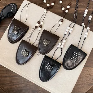 Vintage Leather Heart Cat Bear Glasses Clip Pendant Necklace Artificial Pearl Beaded Sweater Chain Travel Vacation Women Jewelry