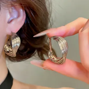 Stylish silver twisted C-shaped hoop earrings with elegant layered design for women