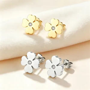 Boucles d'oreilles trèfle à quatre feuilles en acier titane poli, doré et argenté