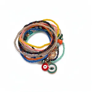 Böhmisch Legierung Perlen Elastisch Armband-Set Für Damen Böser Blick Blume Schmetterling Herz Emaille Anhänger Schmuck Armband Geschenk