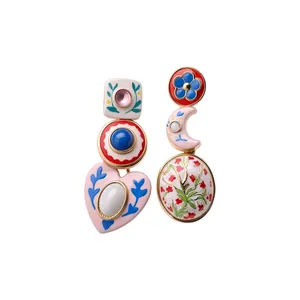 Vintage Asymmetrische Emaille Bloemen Oorknopjes Voor Dames Unieke Kleurrijke Geometrische Hangende Oorbellen Met 925 Sterling Zilver Stift