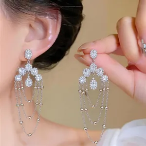 Elegante Kupfer Zirkonia Oval Quaste Ohrstecker Mit Silber Ohrringpfosten Luxus Lange Kette Hängeohrringe Für Damen Schmuck