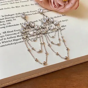 Elegante silberne Quastenohrringe mit ovalen Zirkoniasteinen auf einem Buchhintergrund