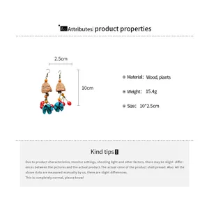 Detailed specification of vintage wood plant tassel earrings with size measurements