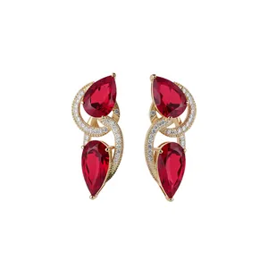 Vintage 18K Vergulde Rode Zirconia Waterdruppel Oorknopjes Voor Dames 925 Sterling Zilver Stift Luxe Sieraden