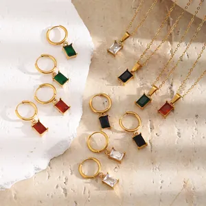 Edelstahl Quadratisch Strass Schmuckset Für Damen Geometrisch Anhänger Halskette Und Creolen Ohrringe Mode Gold Plattiert Zubehör