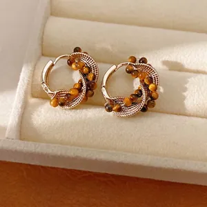 Vintage Tijgeroog Steen Beaded Gedraaide Oorknoppen Maillard Stijl Verguld Geometrische Cirkel Oorbellen Voor Vrouwen Luxe Sieraden