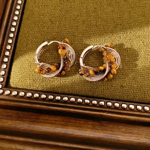 Elegante vintage Maillard-stijl tijgeroog kraal gedraaide hoepel oorbellen