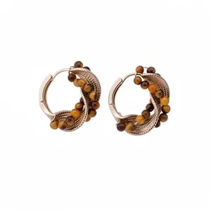 Vintage Tiger Eye Stone Beaded Twisted Hoop Earrings Maillard Style Gold Plated Geometric Circle Earrings For Women Light Luxury Jewelry