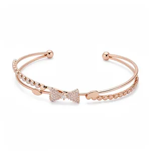 Luxus Zirkonia Doppellagige Schleife Offener Armreif Kupfer Zirkonia Schleife Armband Mode Schmuck Für Damen