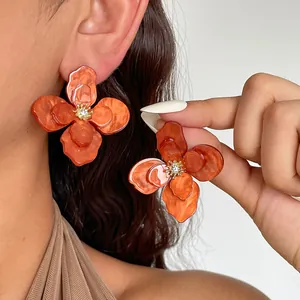 Orecchini a Bottone Floreali in Acrilico Vintage con Strass Intarsiati Orecchini a Fiore Con Perno in Argento da Donna