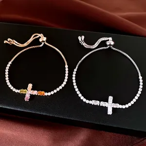 Verstelbare Koperen Zirconia Kruis Slider Armband Goud Verguld Luxe Mode Sieraden Voor Vrouwen Elegant Hand Accessoire
