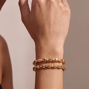 Geometric Stainless Steel Bangle 18K Gold Plated Rhinestone Inlaid Hypoallergenic Bracelet For Women Fashion Jewelry