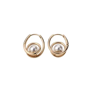 French Vintage Artificial Pearl Hoop Earrings For Women Copper Drop Earrings With 925 Sterling Silver Earring Post Elegant Jewelry
