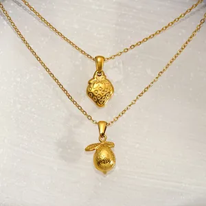 Collier Pendentif Fruit en Acier Inoxydable Plaqué Or 18K pour Femmes Fraise Citron Cerise Bijoux Mode Polyvalents