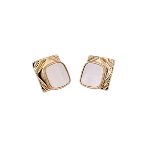 Orecchini a Bottone Quadrati Plissettati Stile Occidentale per Donna Lusso Leggero Vintage Geometrico Placcato Oro Argento Perno Argento Sterling 925