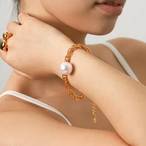 Bracelet Chaîne Épaisse Perle Artificielle Baroque Vintage Français Pour Femmes Bijoux De Mode En Acier Inoxydable Or