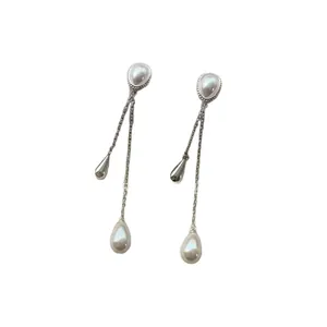 French vintage pearl waterdrop tassel earrings in elegant silver finish