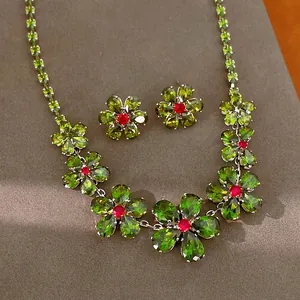 Vintage Zirconia Flower Copper Necklace And Earrings With Silver Earring Post Women Retro Luxurious Lightweight Jewelry