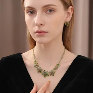 Vintage green zircon flower necklace and earrings jewelry set for women