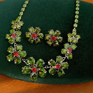 Vintage zircon flower necklace and earring set with green and red stones