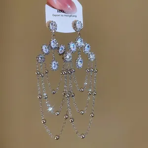 Detailed view of elegant silver chandelier earrings with oval zircons and long tassels