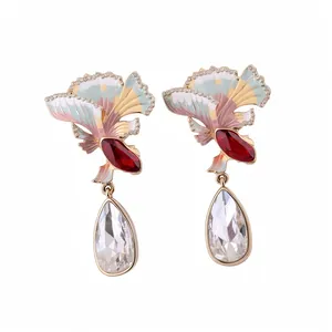 Chinese Style Fan Shaped Water Drop Drip Oil Earrings For Women Alloy Rhinestone Dangle Earrings With Silver Earring Post Jewelry