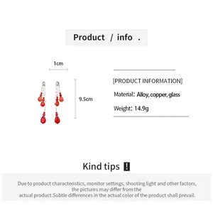 Detailed product specifications for red tassel drop earrings showing size and weight