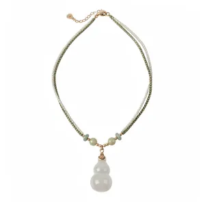 18K Gold Plated Double Layer Stone Beaded Necklace With Chalcedony Gourd Pendant Chinese Style Vintage Clavicle Chain For Women