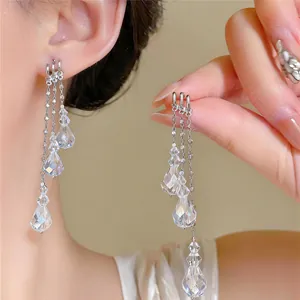 Close-up of elegant silver-tone multilayer tassel earrings with crystal water-drop pendants