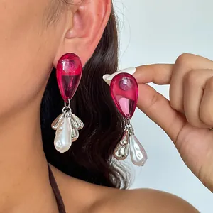 European Vintage Acrylic Pink Teardrop Tassel Earrings With 925 Sterling Silver Earring Post Artificial Baroque Pearl Drop Earrings For Women
