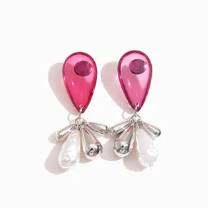 Vintage style pink acrylic and pearl water drop tassel drop earrings with silver finish