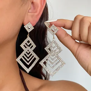 Exquisite Strass Rhombus Hohle Geometrische Ohrhänger Mit Silbernem Stift Gold Silber Leichter Schmuck Für Damen