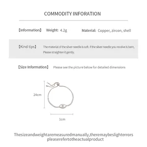 Detailed size and material specifications for the adjustable evil eye charm bracelet
