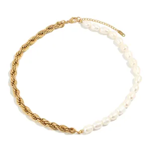 Collier rétro en acier inoxydable plaqué or 18 carats avec chaîne torsadée et perles