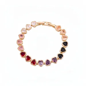 Elegant 18k Real Gold Plated Copper Bracelet With Colorful Heart Shaped Zirconia Light Luxury Fashion Bangle For Women