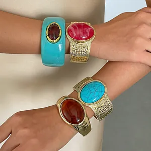 Vintage Alloy Resin Marbling Oval Bangle Bracelet For Women Exaggerated Statement Gold Electroplated Jewelry Gift