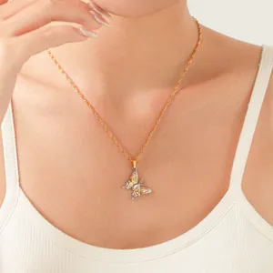 Stainless Steel Two Tone Butterfly Pendant Necklace For Women Zirconia Inlaid Gold Silver Plated Fashion Choker Jewelry