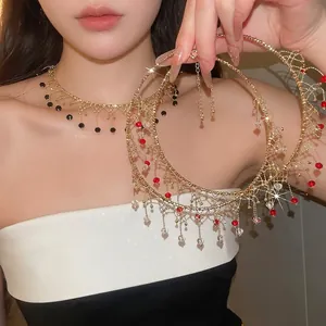 Elegante gargantilla de encaje dorado con flecos de cristal y cuentas para mujer