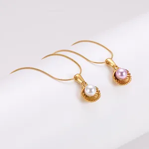 304 Stainless Steel Gold Plated Shell Pendant Artificial Pearl Inlay Snake Chain Necklace For Women Elegant Ocean Style Light Luxury Jewelry Gift