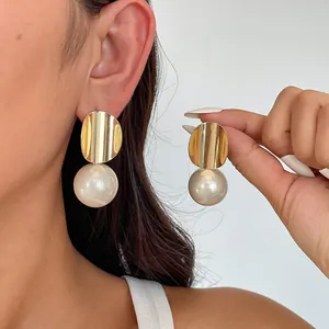 Europäische Vintage Geometrische Kupfer Ohrstecker Für Damen Mit Künstlicher Perle Vergoldet Rund Metall Ohrringe Hypoallergen Silberstift Schmuck Geschenk