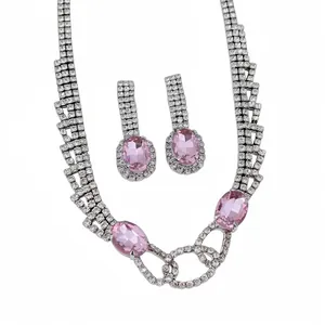 Ovale Strass Halskette Und Ohrring Set Elegante Versilberte Kupfer Schmuck Für Damen Bankett Party Accessoires