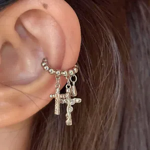 14K Vergoldet Kreuz Anhänger Ohrklemme Für Damen Trendige Individuelle Ohne Ohrloch Clip-Ohrring Nischen-Design Strass Schmuck