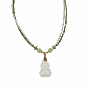 18K Gold Galvanisiert Doppelschichtige Steinperlen Flaschenkürbis Anhänger Halskette Chinesischer Stil Vintage Damen Schmuck